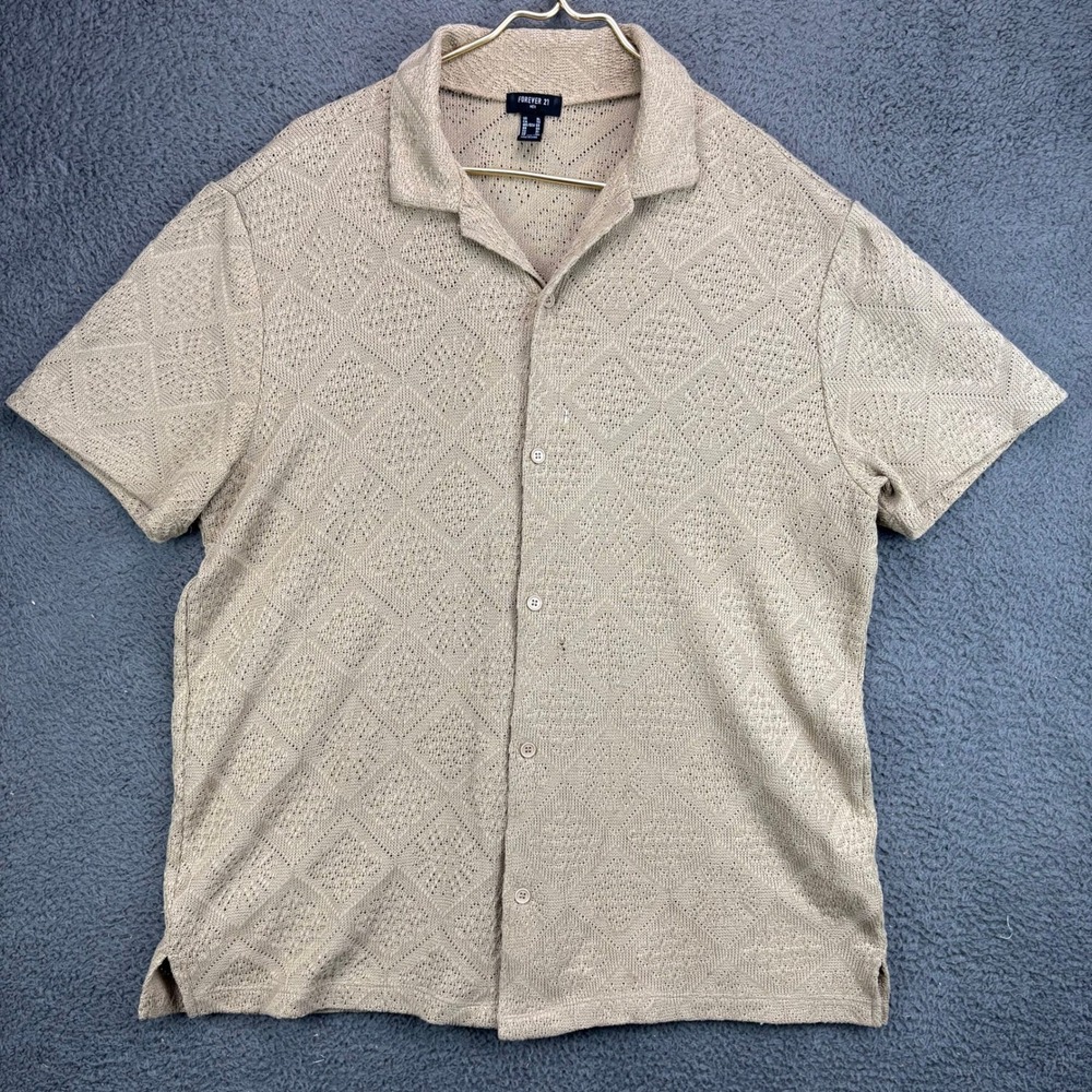 Forever 21 Men XL Beige Pointelle Knit Short Sleeve Button Up Shirt Tan Crochet